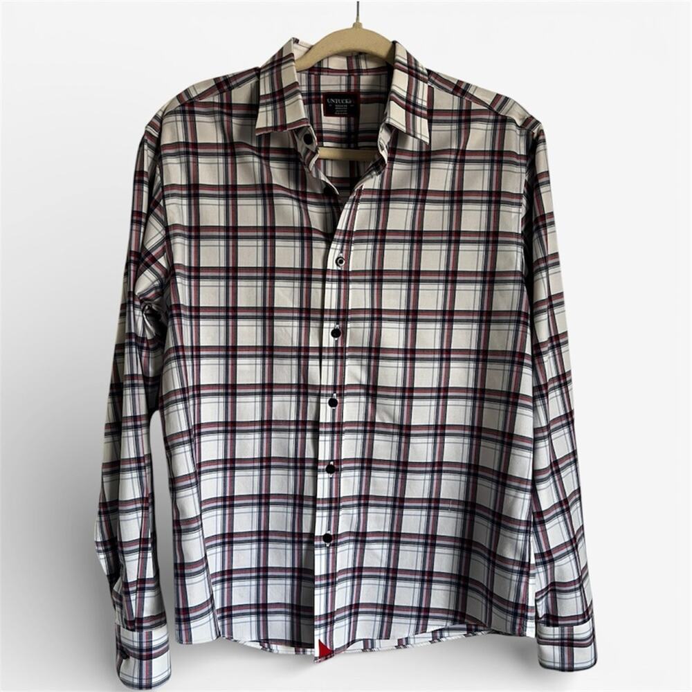 Untuckit Men's Wrinkle Free Button Down Shirt Plaid red Blue Check medium